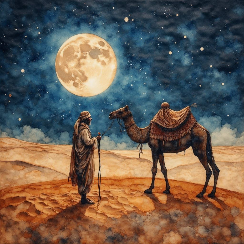 Bedouin and Camel in Desert Oasis Under Full Moon