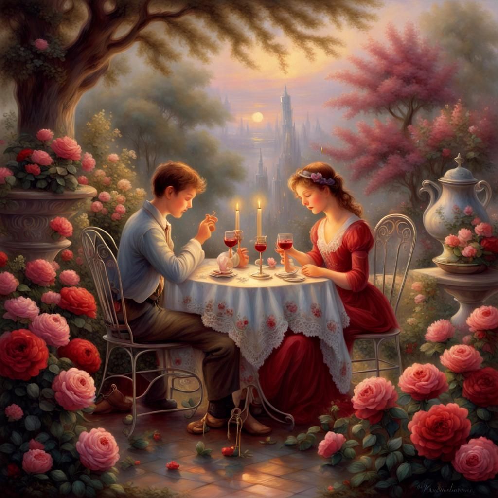 Romantic Garden Scene with Lovebirds in Ethereal Style
