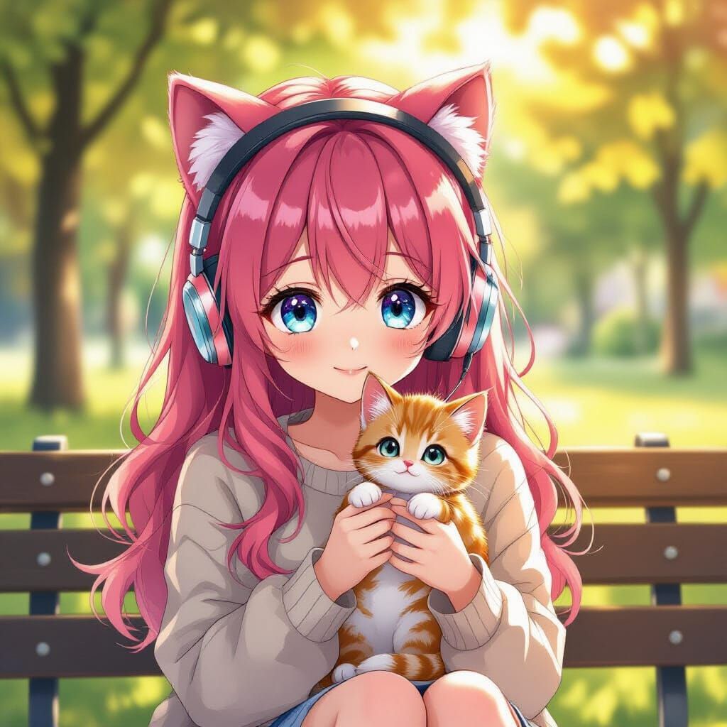 Anime Girl with Cat Ears Holding Kitten Outdoors