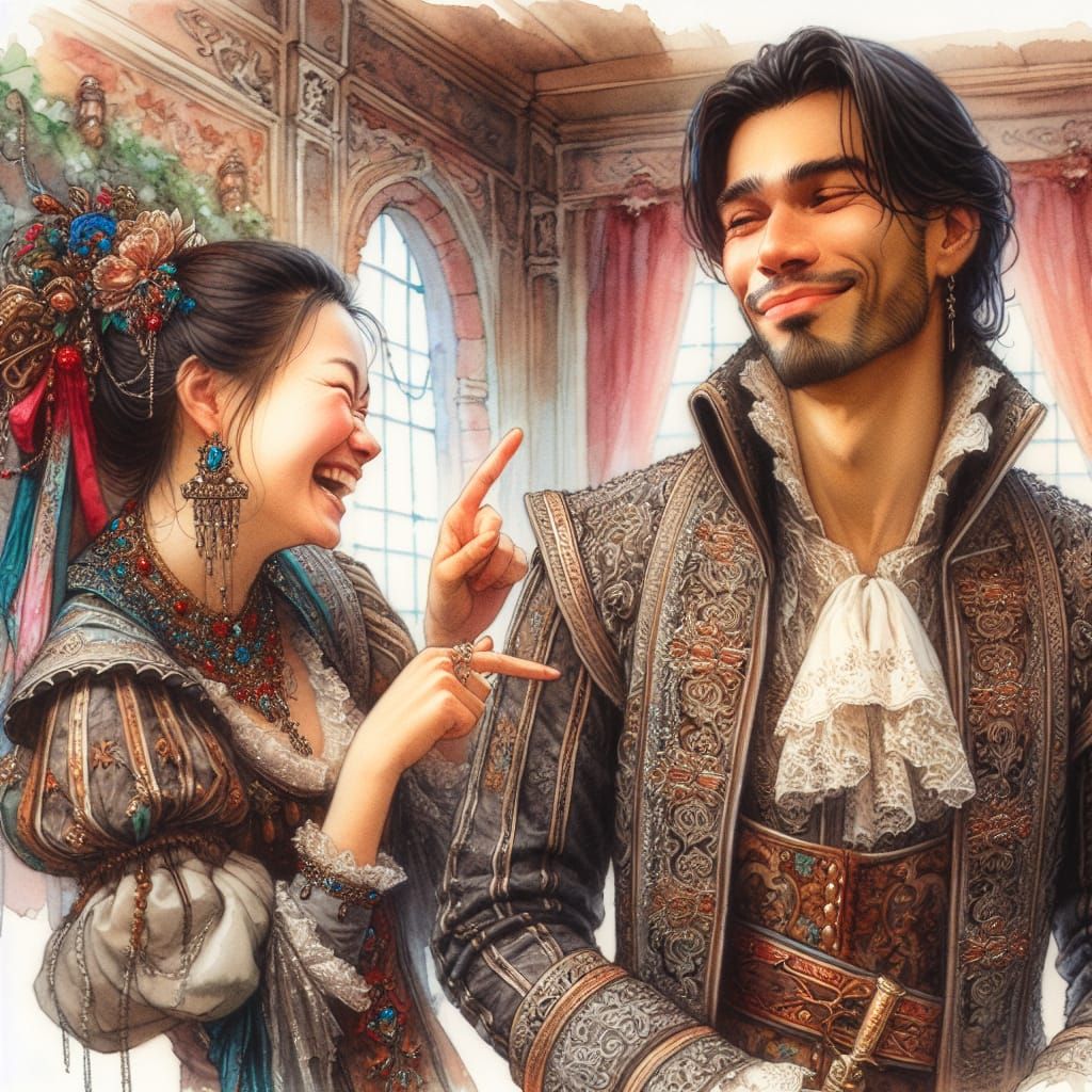 Couple in Whimsical Fantasy Attire Share Playful Moment