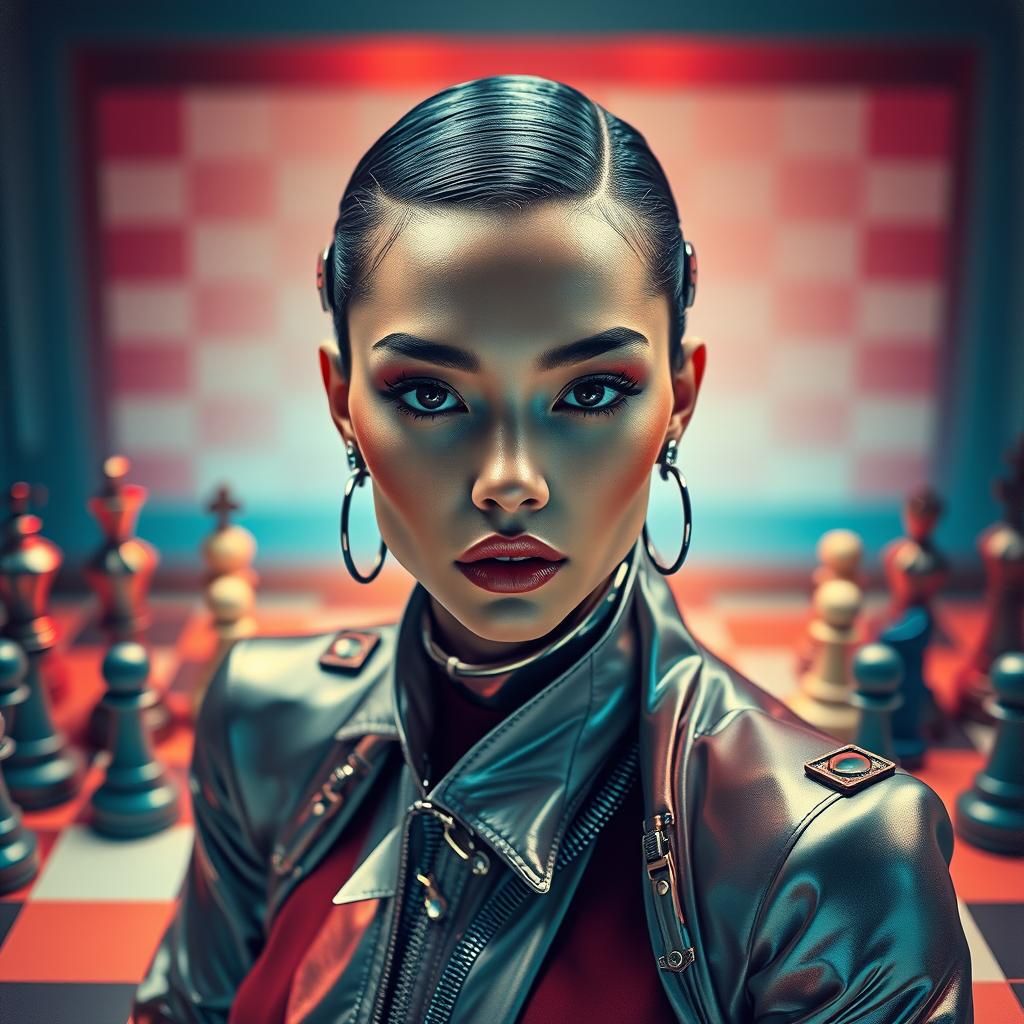 Futuristic Model Posing on Retro Chessboard in Hyperrealism