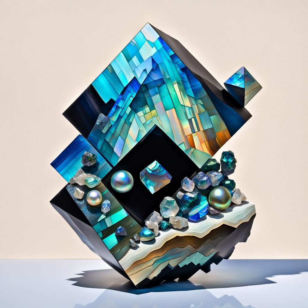 Geometric Cubist Painting of Pearl and Crystals