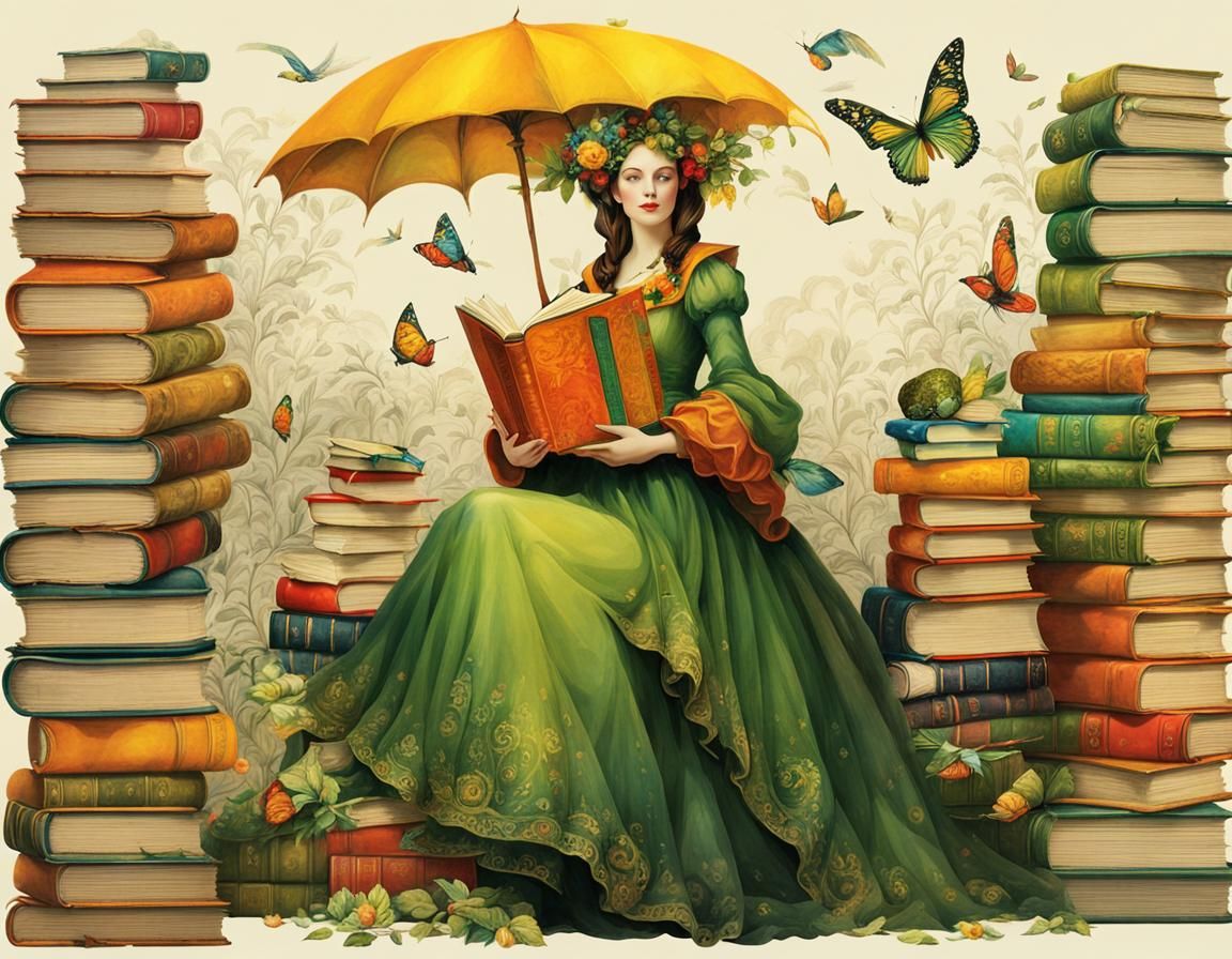 Fairytale Woman with Books Storybook Illustration