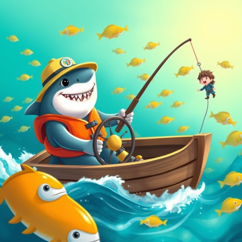 Little Shark in a Whimsical Fishing Scene