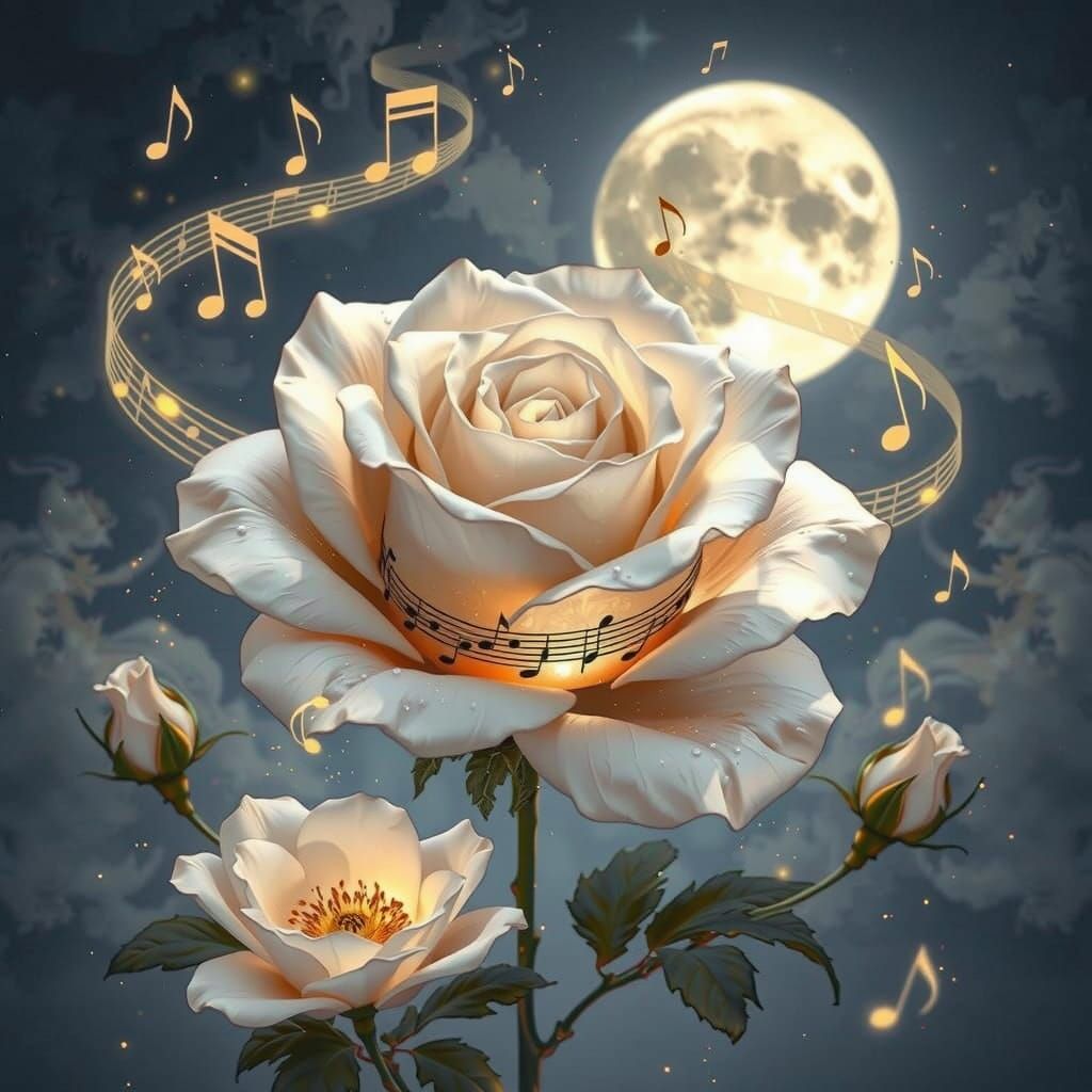 White Rose Sculpture with Golden Music Notes