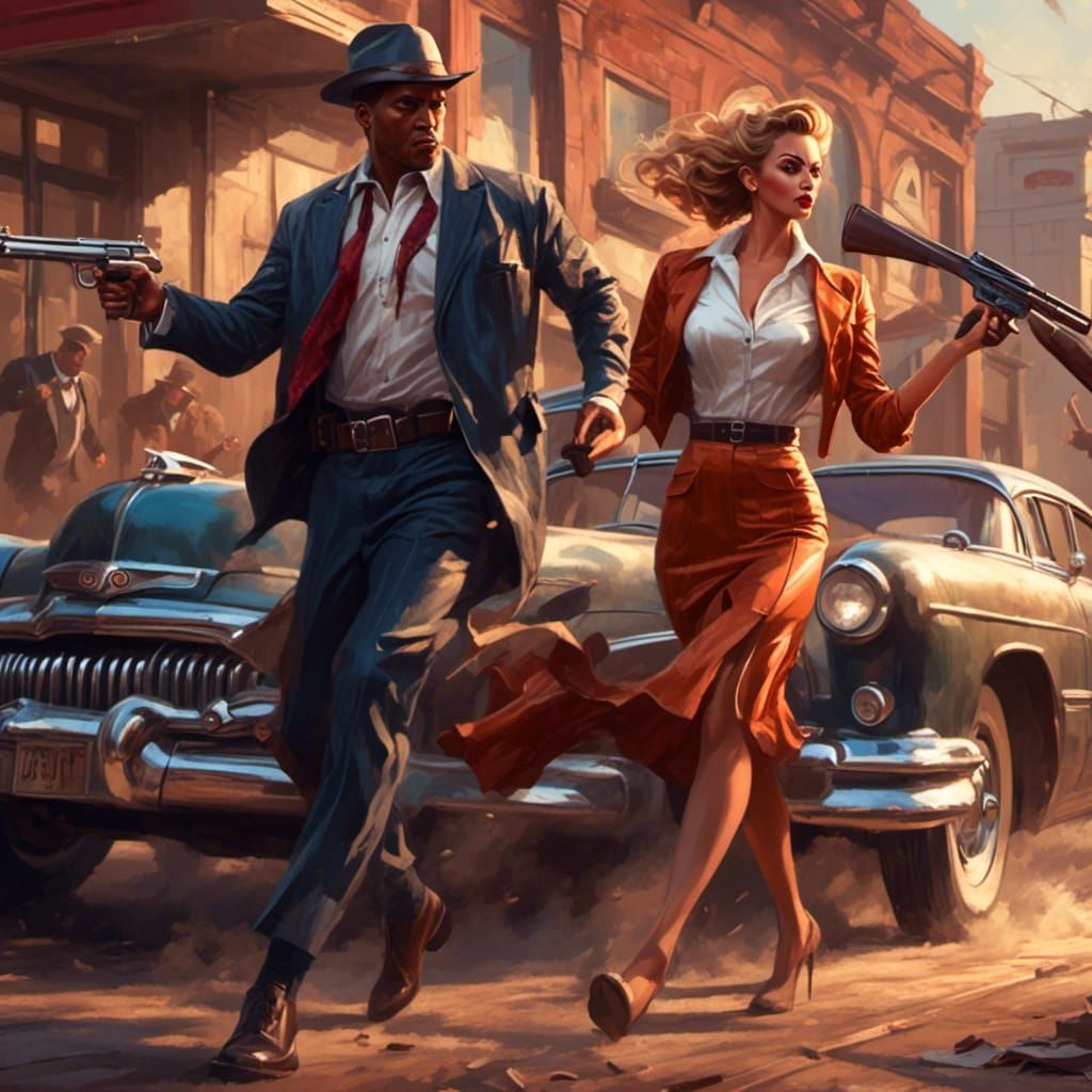 Retro Gangsters Fleeing Bank Robbery, Matte Painting