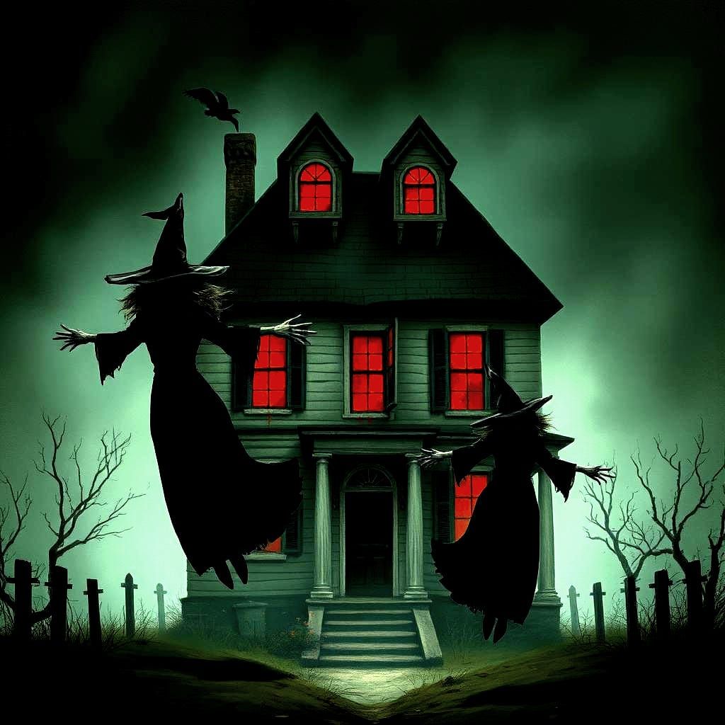 Sinister Witches Floating Before Ominous House