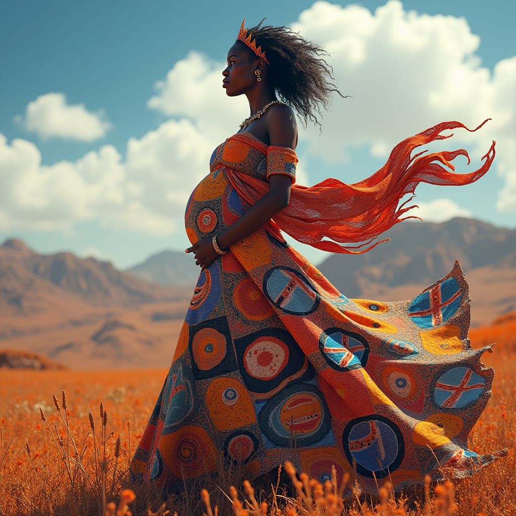 Aboriginal Woman with Refugee Flags: Dreamlike Art