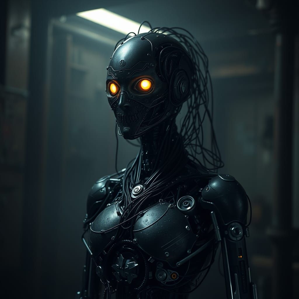 Shadow Cyborg with Human Eyes in Cyberpunk Style