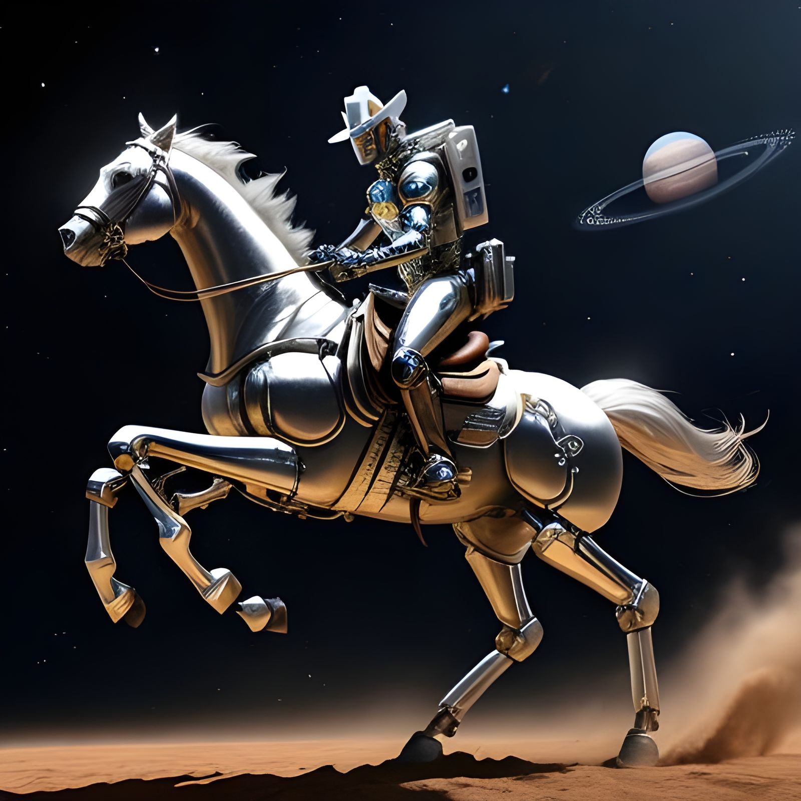 Space cowboy, riding a robotic horse, metallic horse