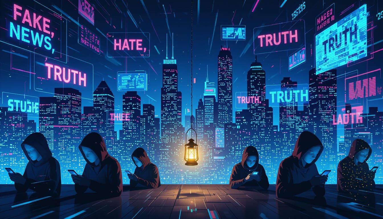 Futuristic City Skyline Overwhelmed by Digital Chaos