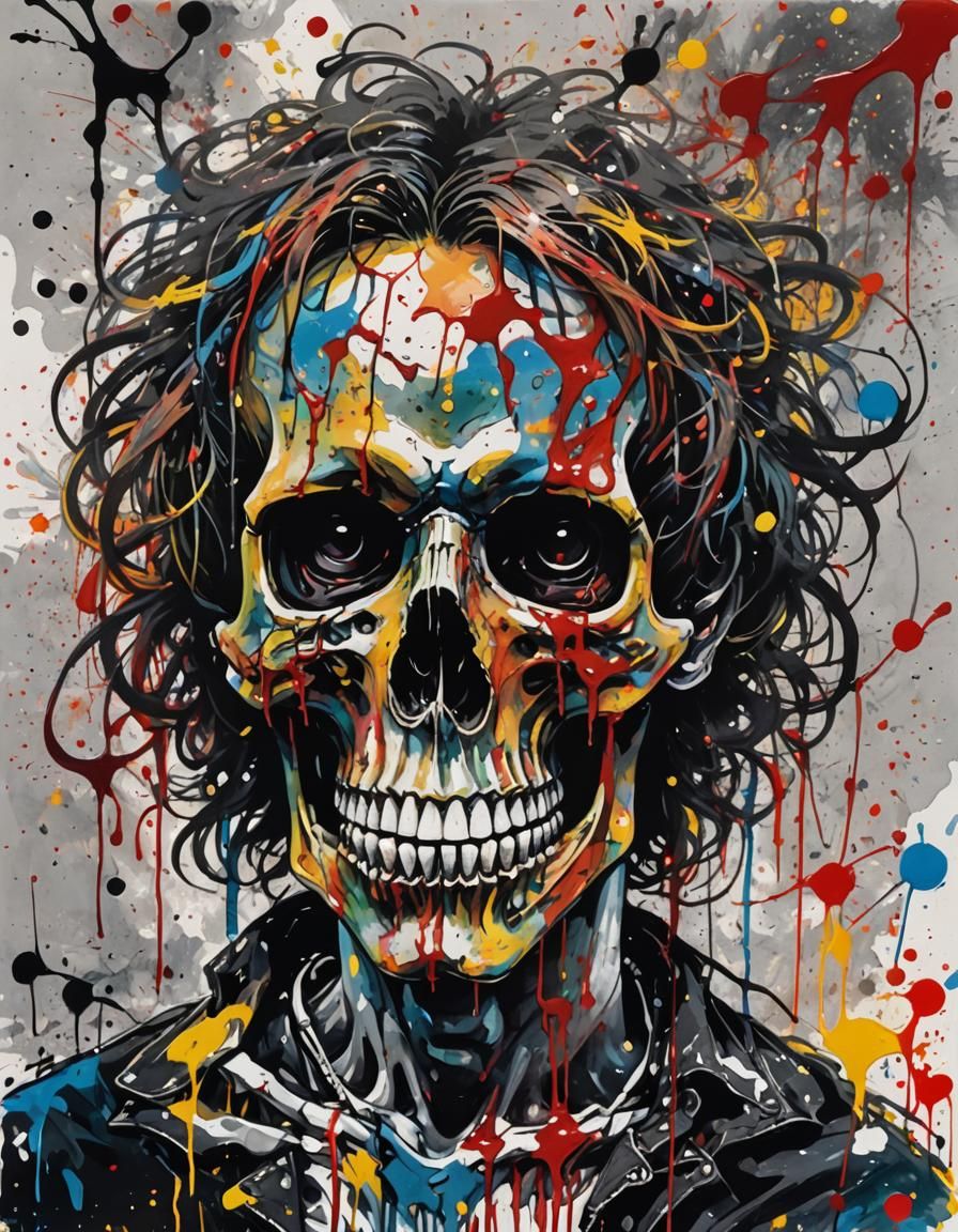 Skull Rockstar in Japanese Ink Art Style