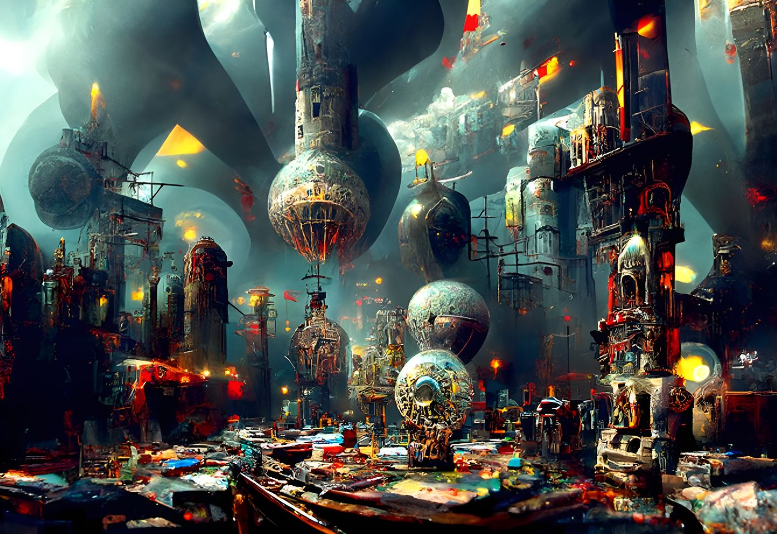 Dieselpunk Hellscape Sky Battle in Film Noir Style