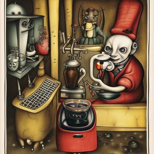 Demonic Barista at Hellish Coffee Machine: Tim Burton Style