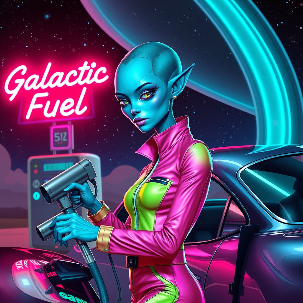 Alien Gas Station Attendant in Cyberpunk Style
