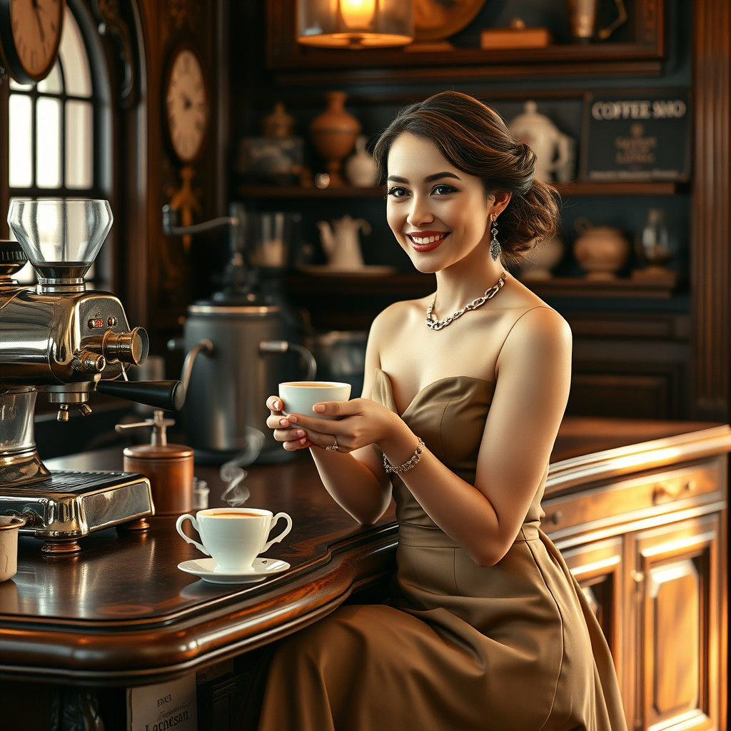 Vintage Coffee Shop Scene with Woman