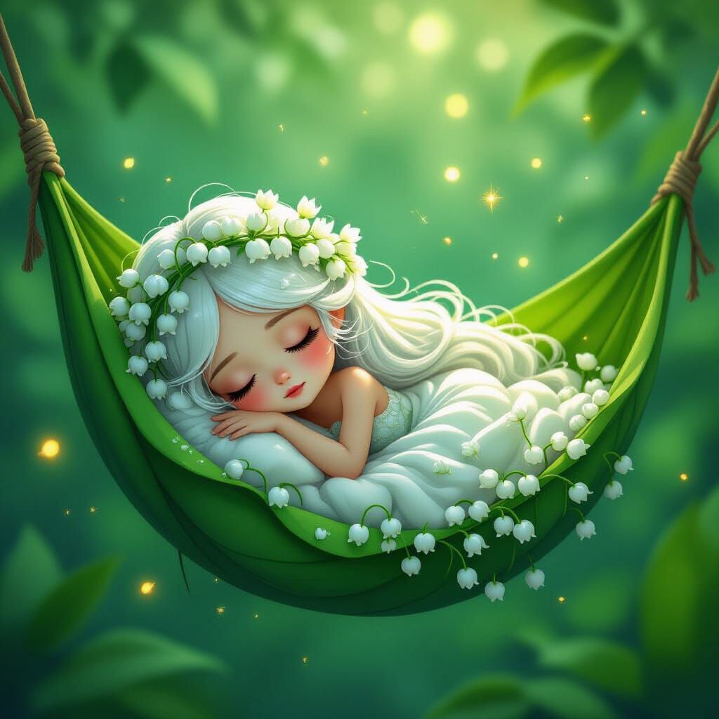 Miniature Flower Girl Sleeps in Leaf Hammock