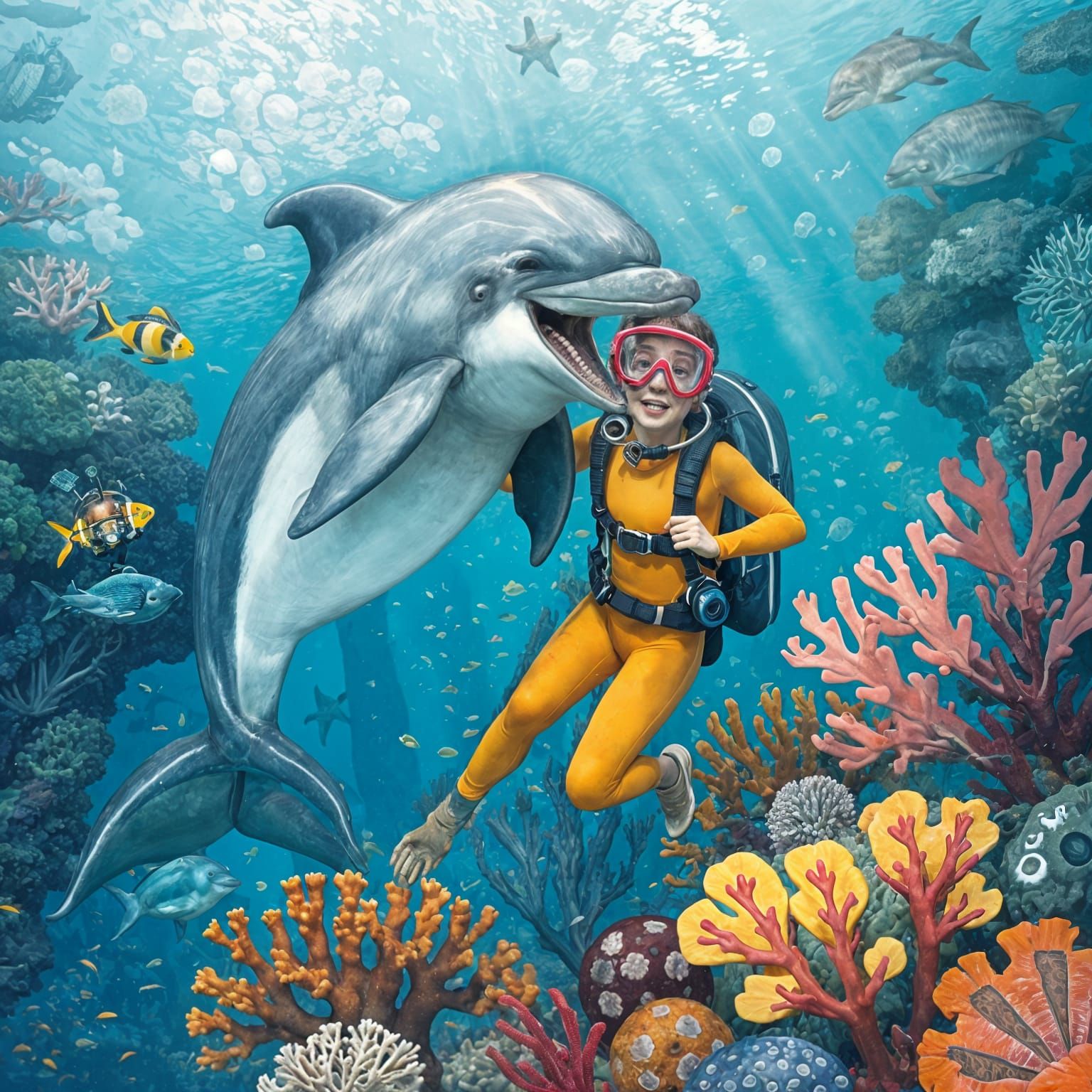 Playful Dolphin and Diver in Coral Reef