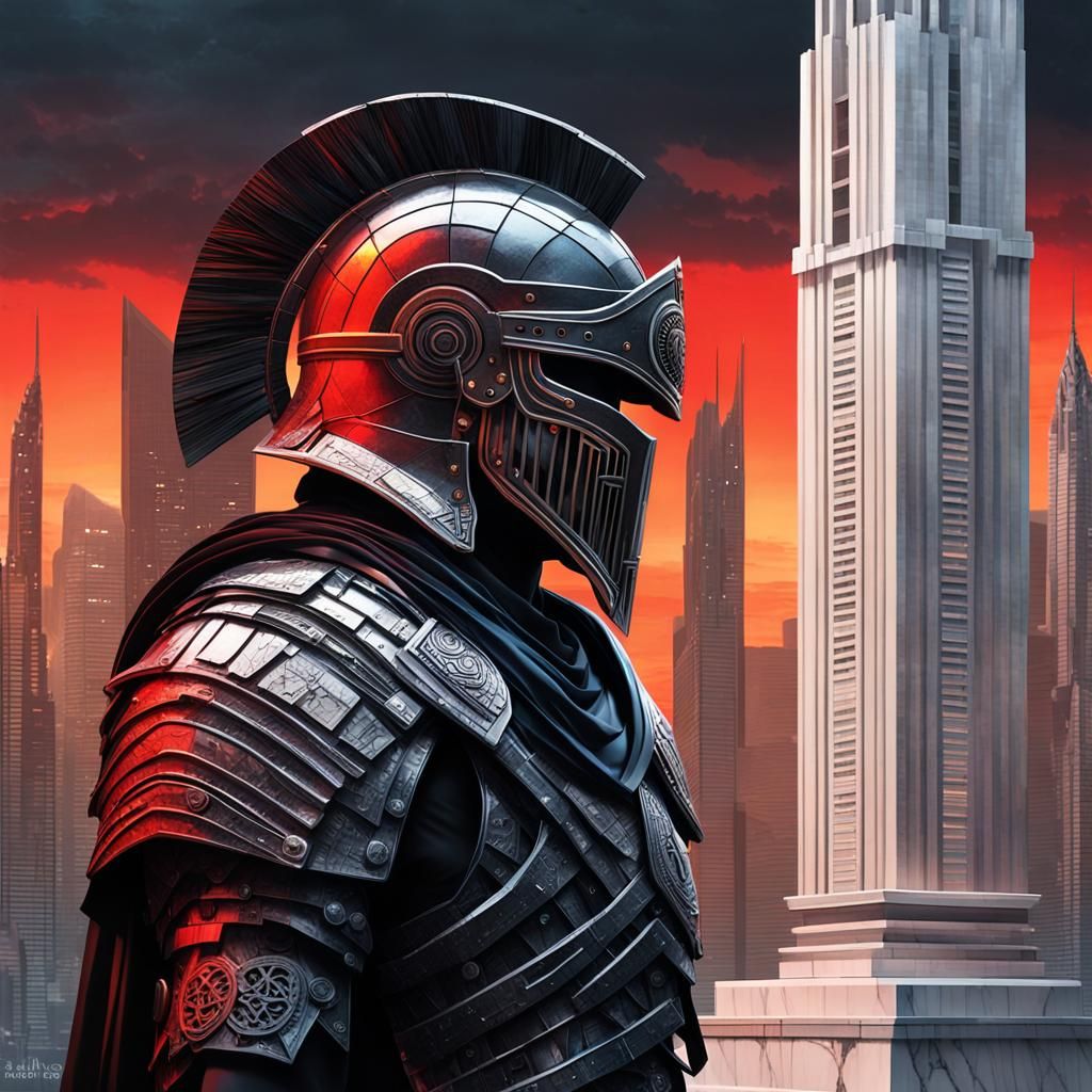 Cyberpunk Roman Guard in Neoclassical City, Digital Art