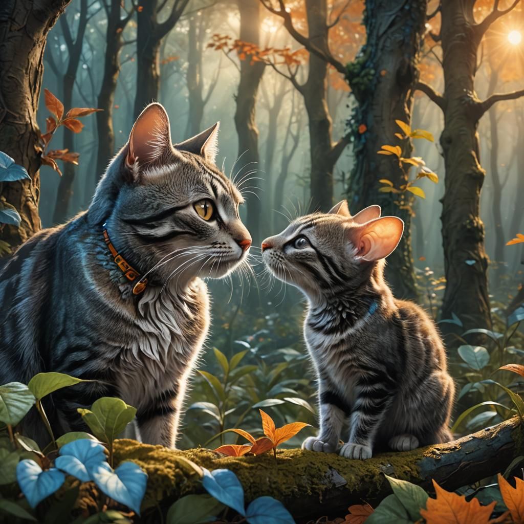 Tabby Cat and Mouse Touching Noses in Forest