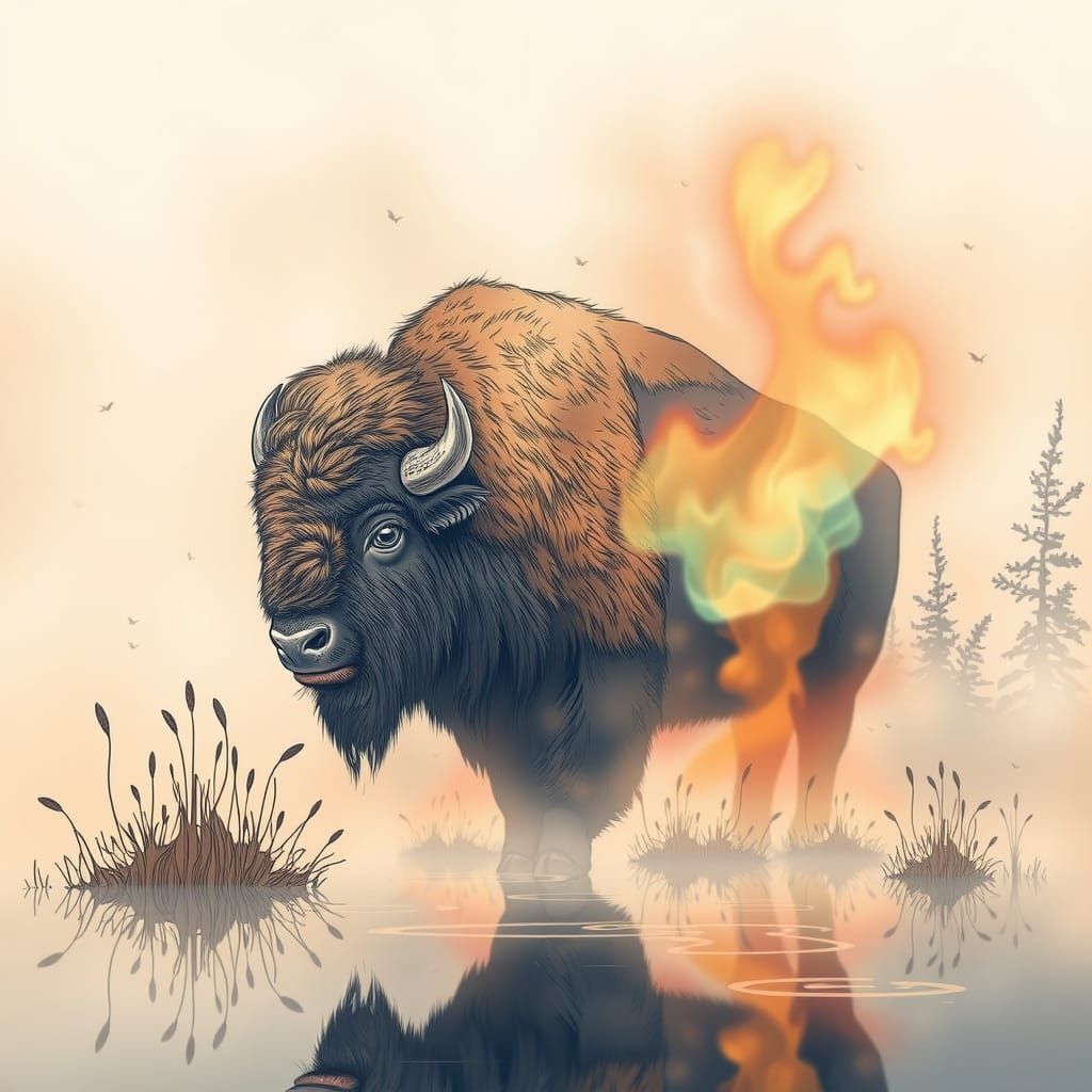 Bison in Yellowstone: Misty Line Art