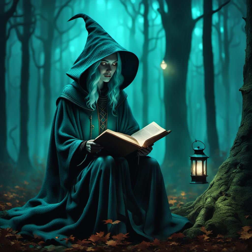 Hooded Witch Reads Book of Magic in Forest