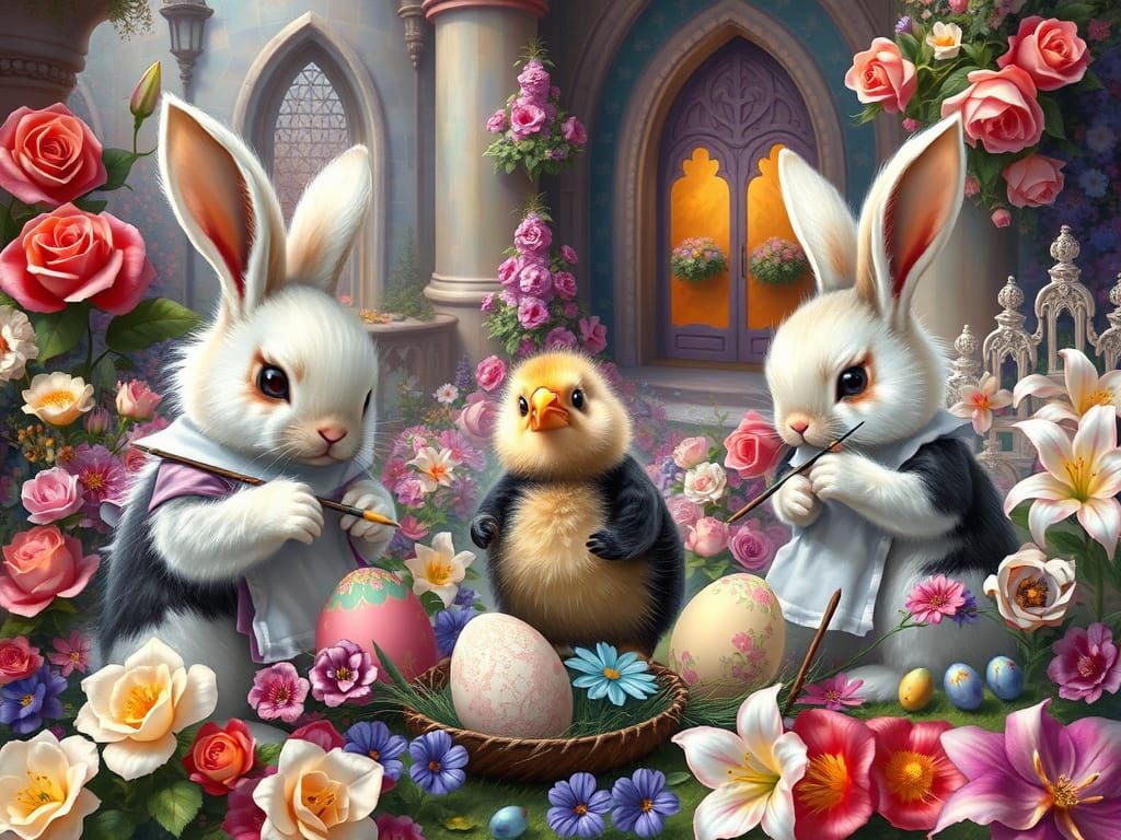 Easter Bunnies Painting Eggs in Fantasy Garden