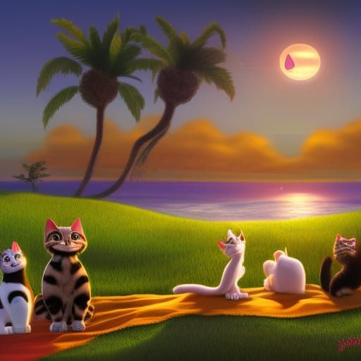 Cats having a picknick on the beach at sunset