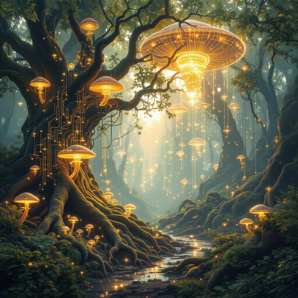 AI Neural Network Streams in Mystical Forest