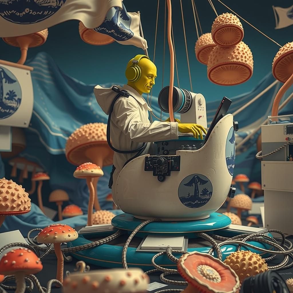 Colossal Mushroom Print Flag in Surreal Landscape