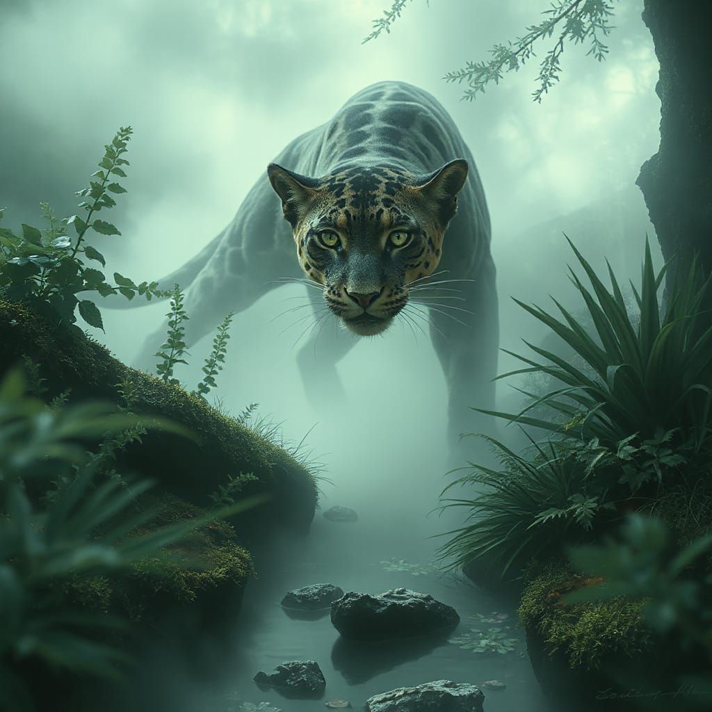 Misty Panther Emerges in Mystical Forest
