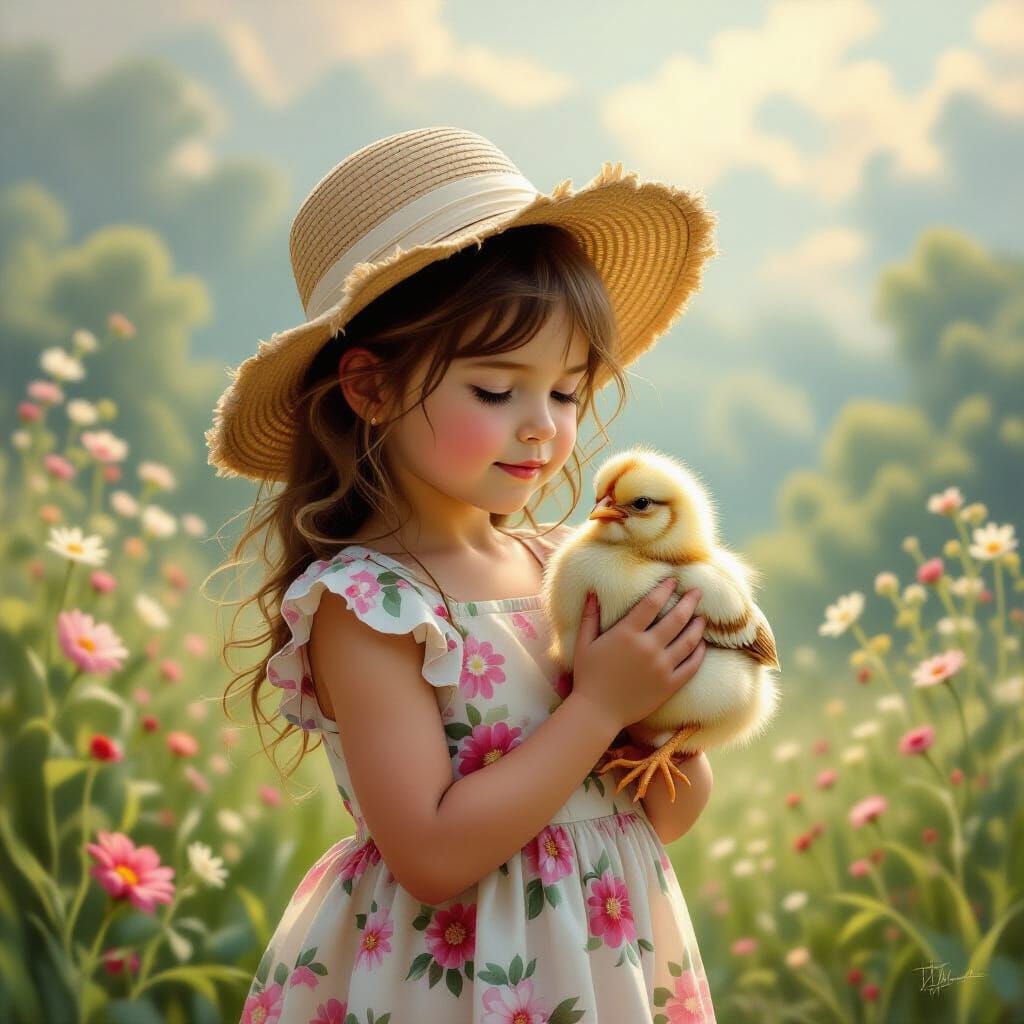 Girl and Chick in Ethereal Landscape