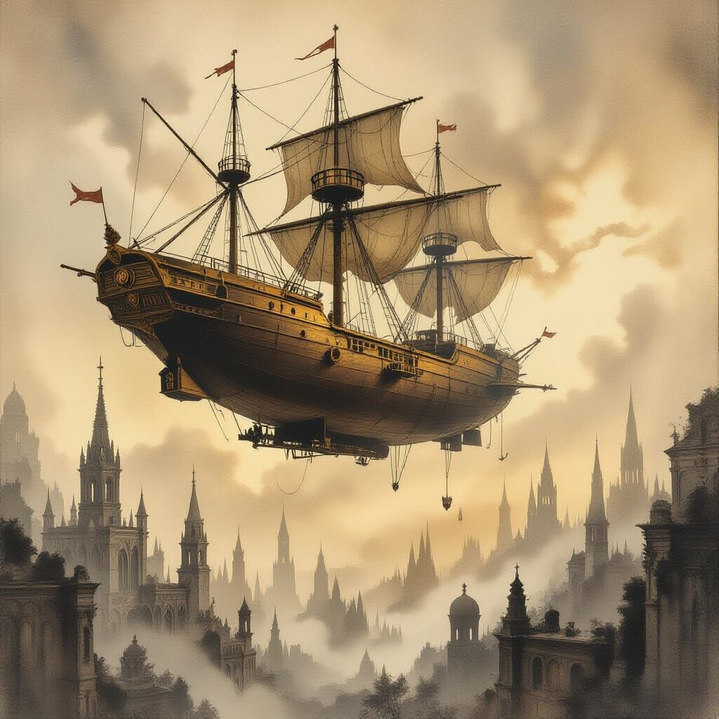 Ancient Airship in Twilight Over Ruined Realm