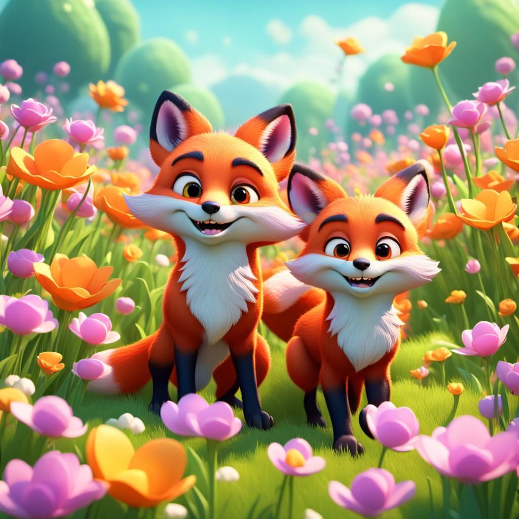 Foxes in a Flower Field: Pixar-Style 3D Art