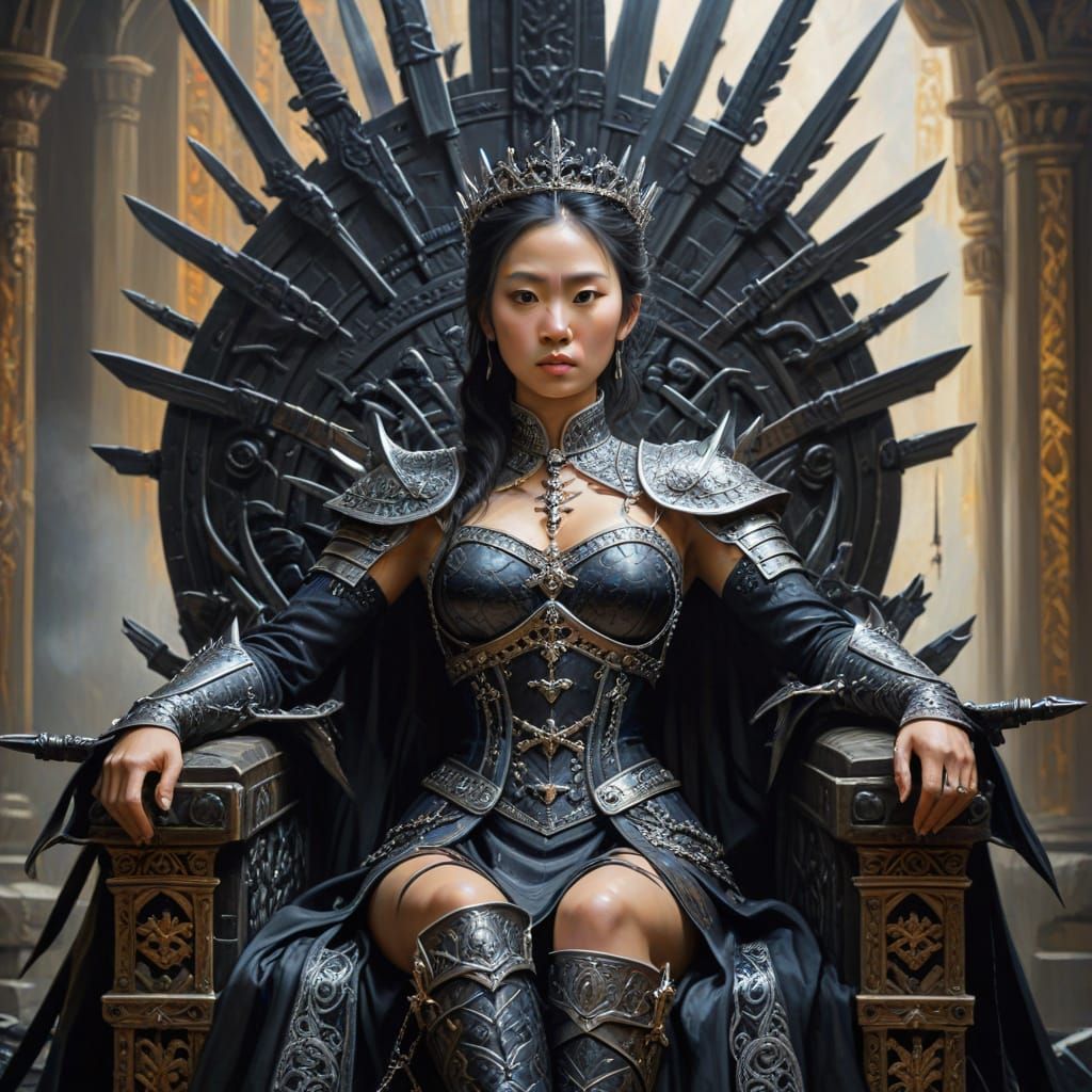 Asian Woman on Sword Throne, Detailed Oil Painting