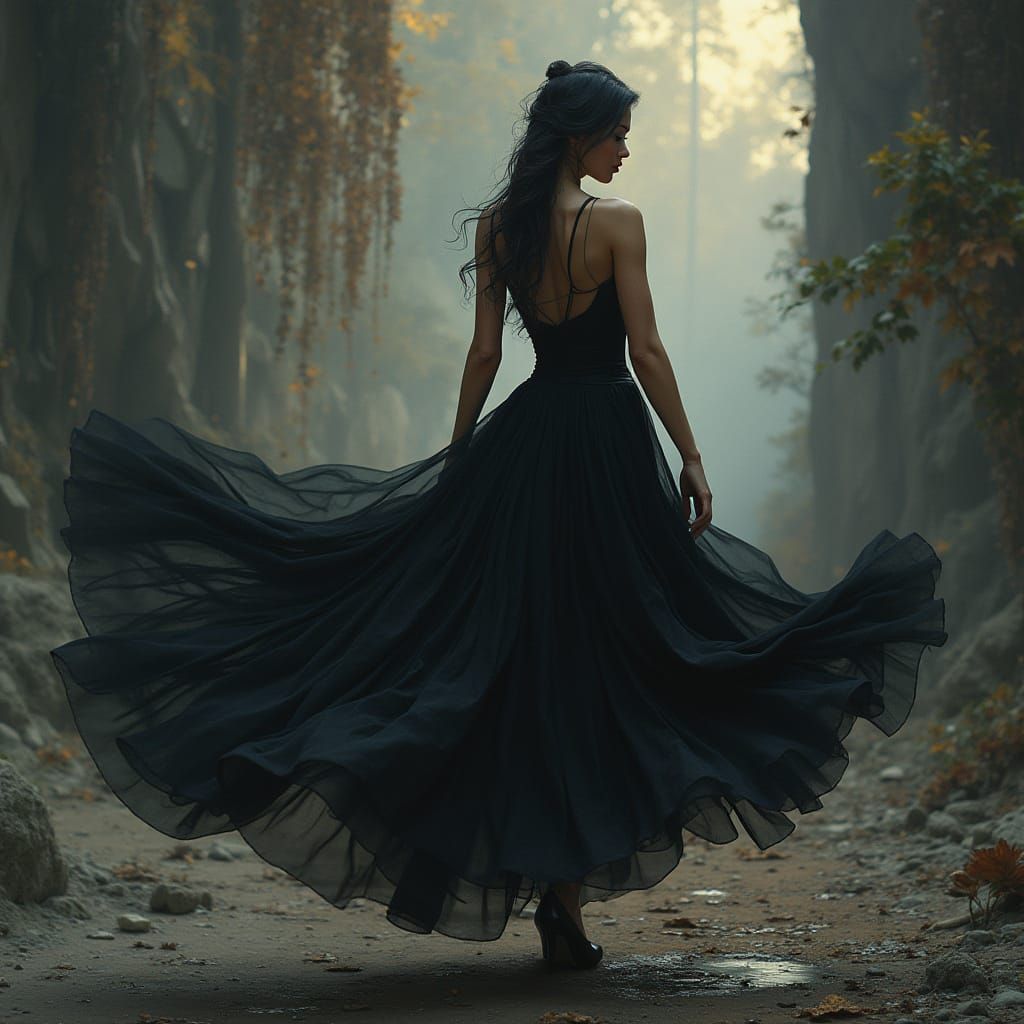 Elegant Woman in Black Gown, Detailed Matte Painting