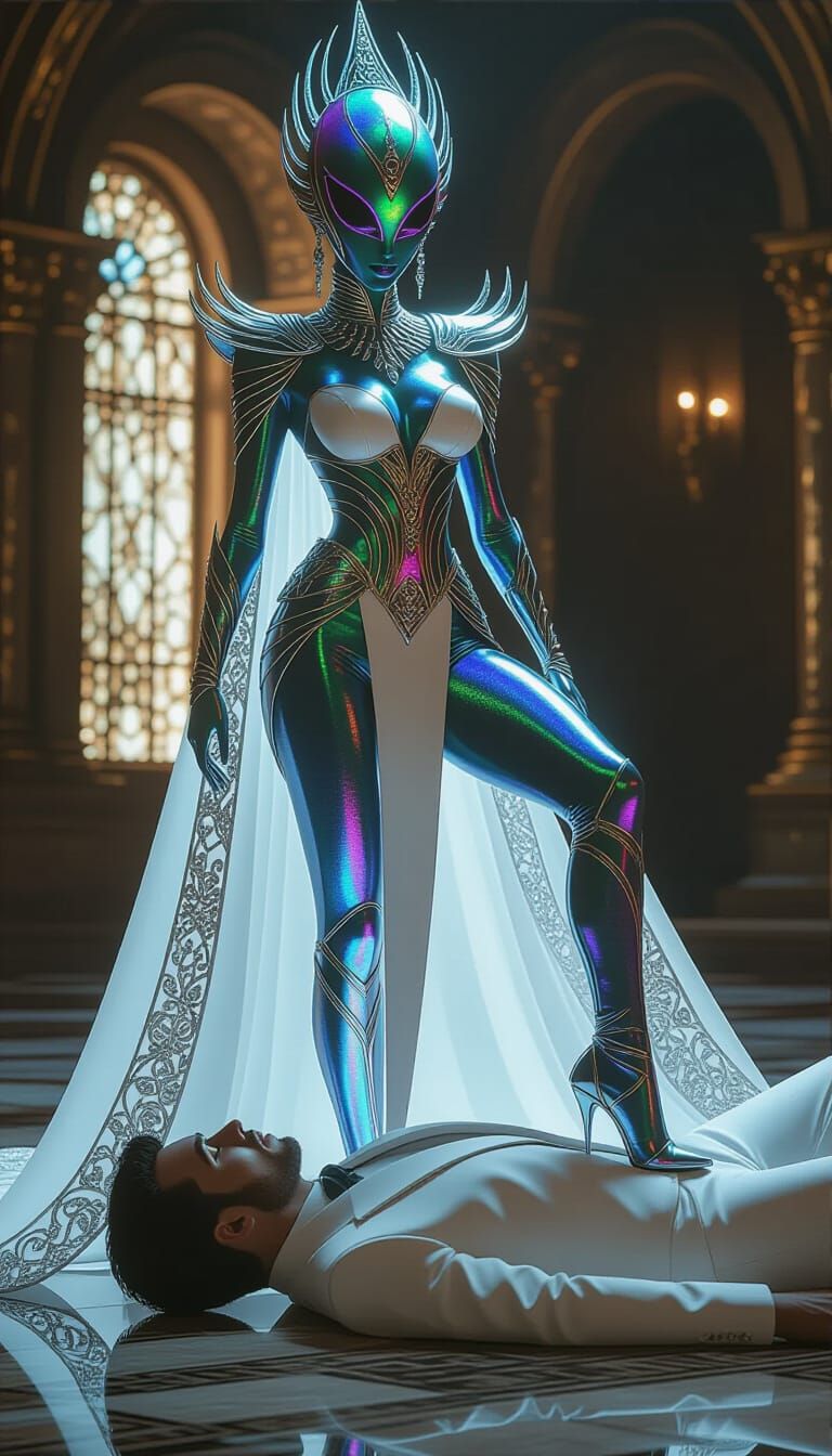 Regal Alien Queen Dominates Man in White Suit