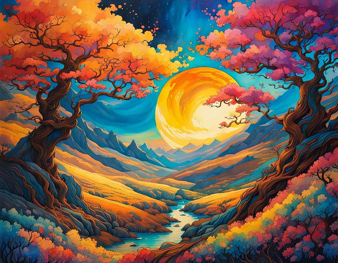 Detailed Bluemoonscape in Watercolor and Ink Painting