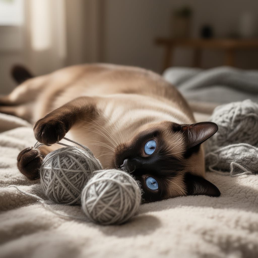 Photorealistic Siamese Cat Plays with Yarn in Soft Light