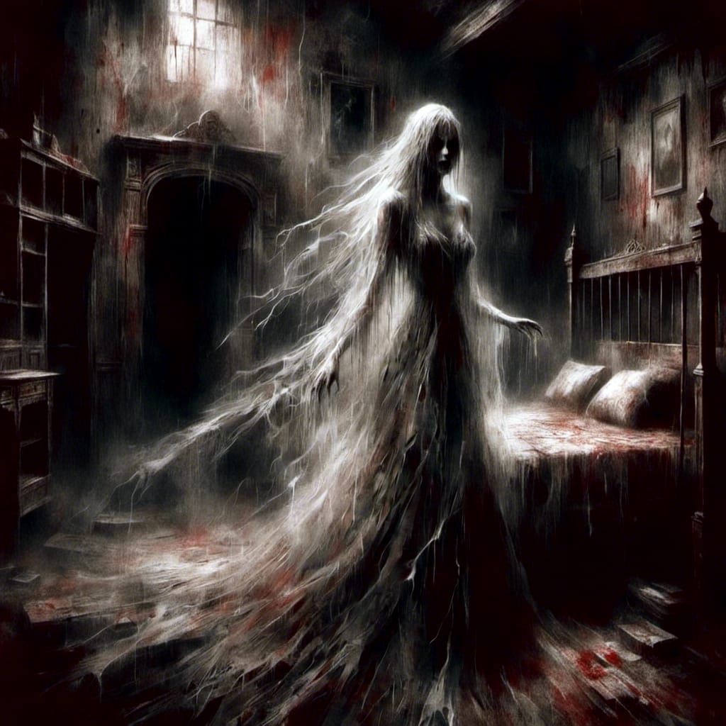 Ghostly Woman in Haunted House, Dark Fantasy Art