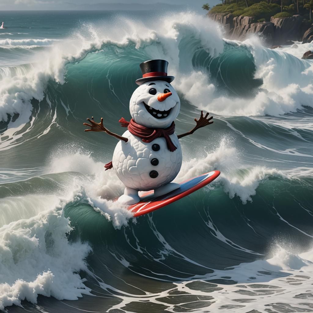 Snowman Surfing on a Wave: Detailed Matte Painting