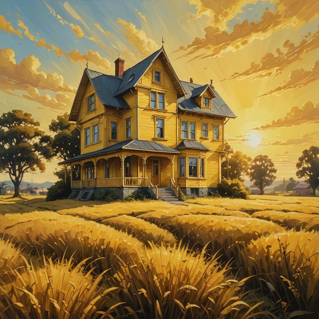 Surreal Yellow House in Dreamlike Oil Painting