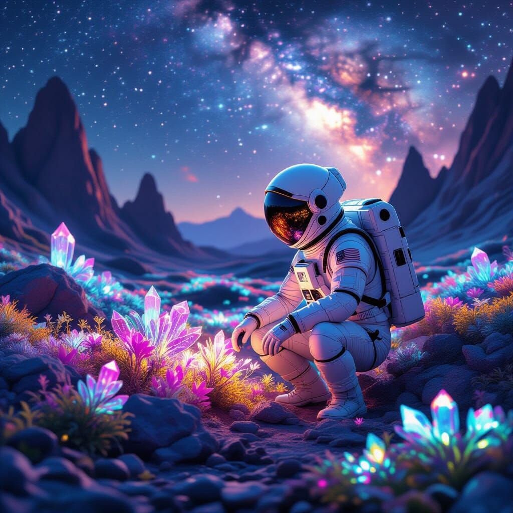 Astronaut Tends Alien Garden on Distant Planet