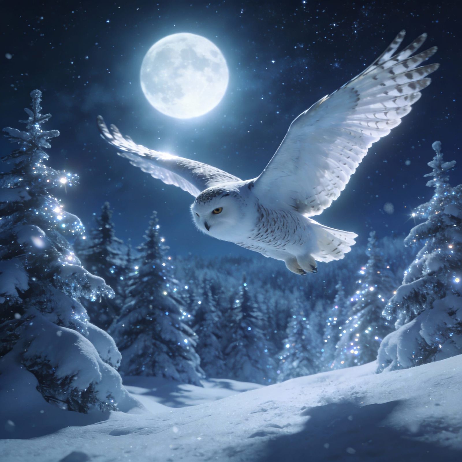 Majestic Snowy Owl Hunts Under Full Moon