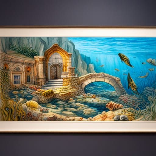 Watercolor Sunken City Landscape with Swimming Fish