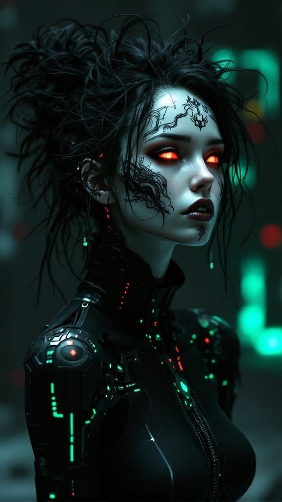 Cyber Siren in Bio-Mechanical Artistry, Gazing into the Void