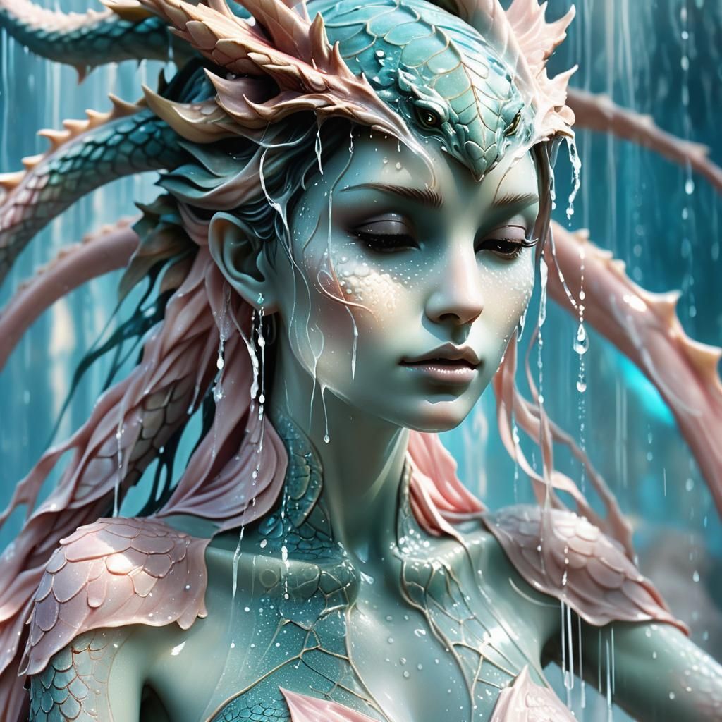 Surreal Veiled Woman Statue in Dragon Shower