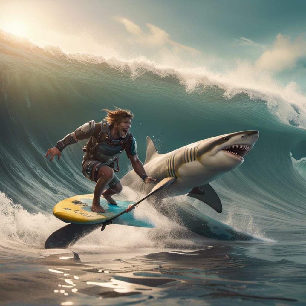Sharks Riding Surfboards: Fantastical Digital Art