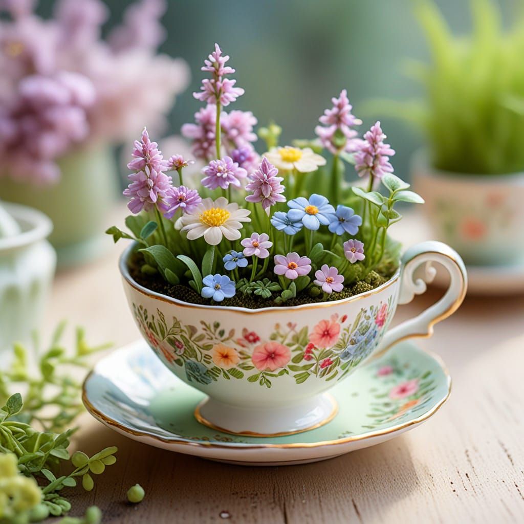 Miniature Garden in Teacup: Botanical Watercolor Art