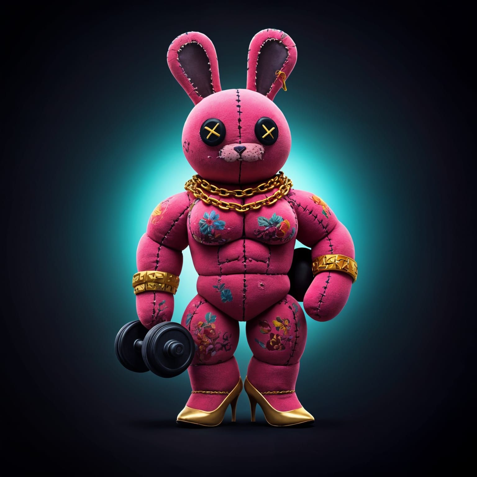 Muscular Pink Rabbit with Tattoos and Jewelry
